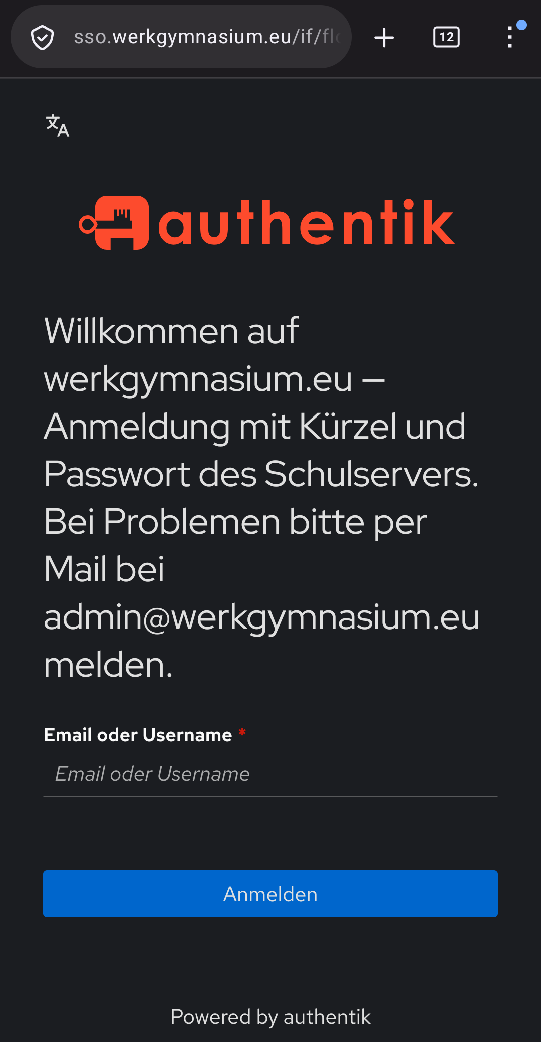 Anmeldeseite der Schule über der App