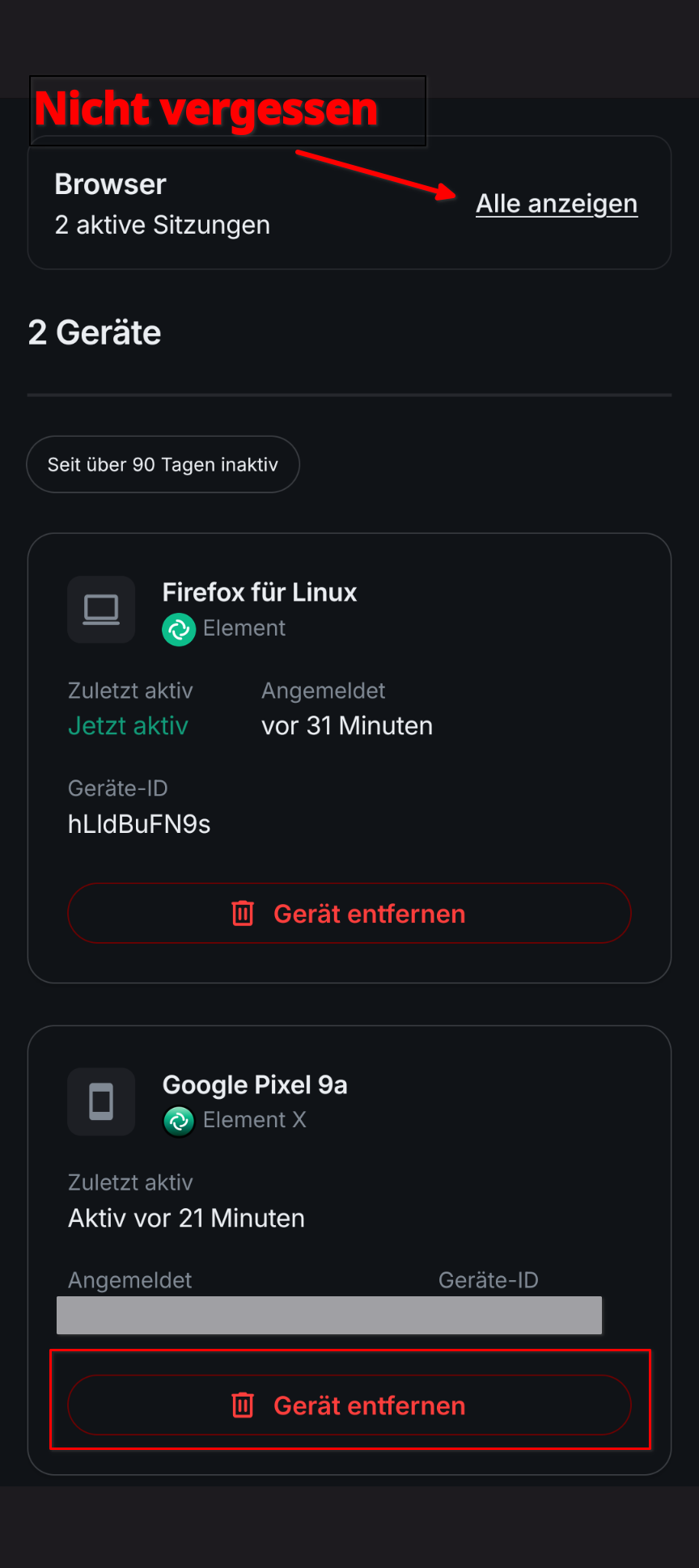 Die Übersicht: oben der Kasten „Browser", darunter die Geräte