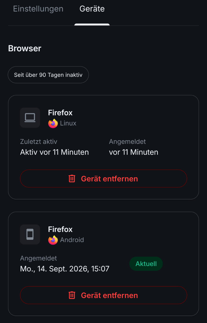 Die Browser-Sitzungen mit dem Filter „Seit über 90 Tagen inaktiv"