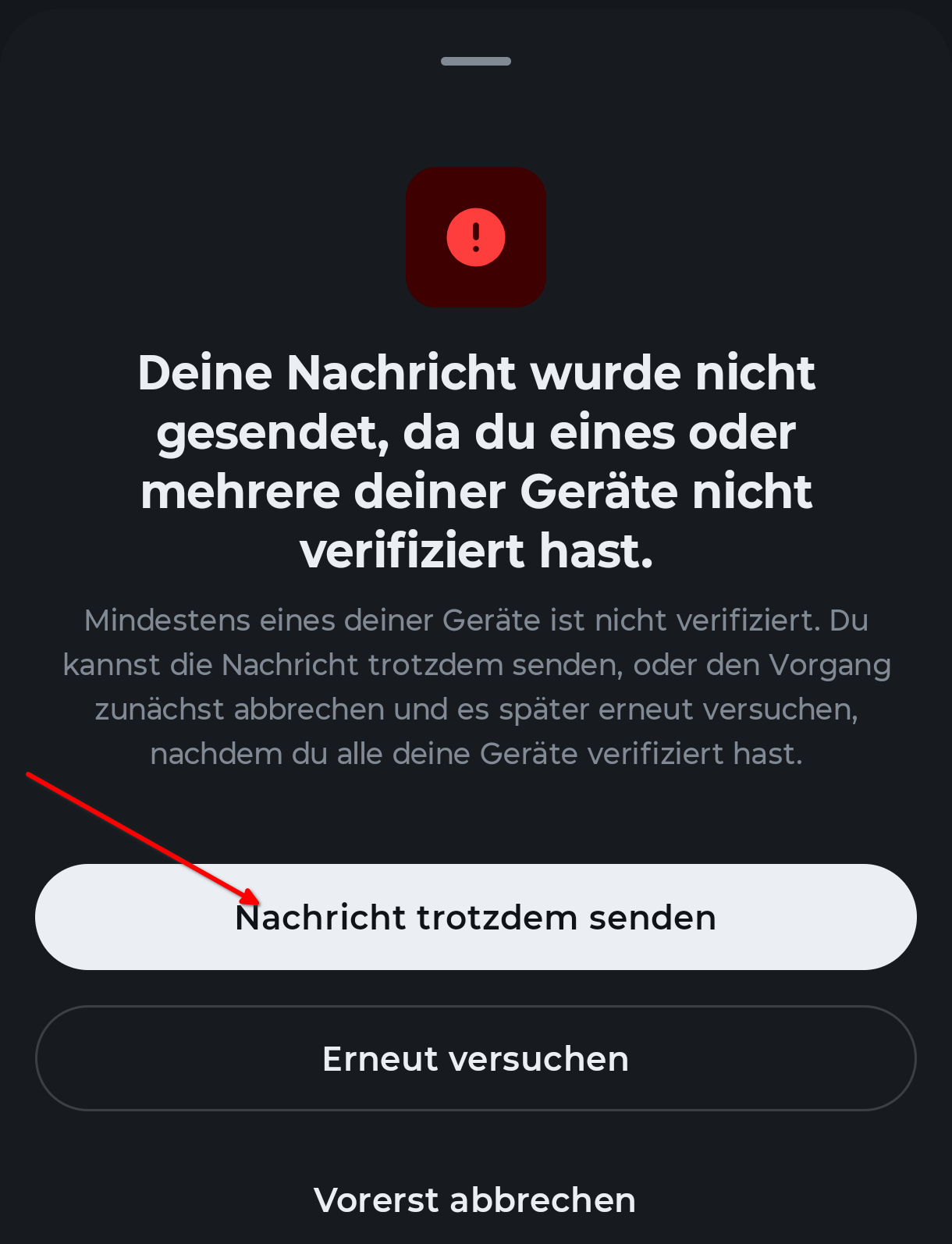 Die Erklärung mit dem Knopf „Nachricht trotzdem senden"